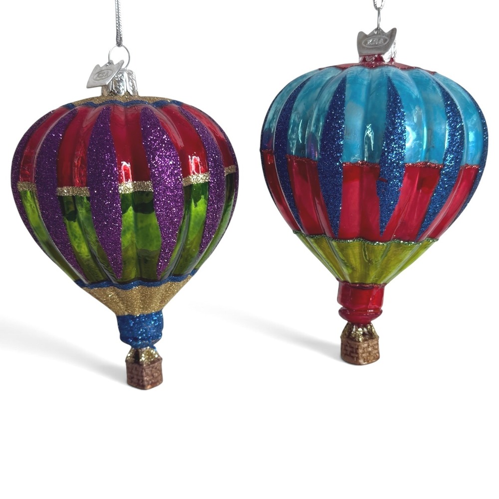 2 Kurt S Adler Noble Gems Glass Hot Air Balloon Christmas Ornament Set Glitter